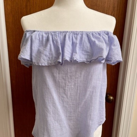 Tresics light blue & white stripe ruffle on or off the shoulder top - Picture 4 of 5